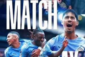 曼城晒主场迎战埃弗顿海报，赖因德斯+多库+萨维尼奥出镜